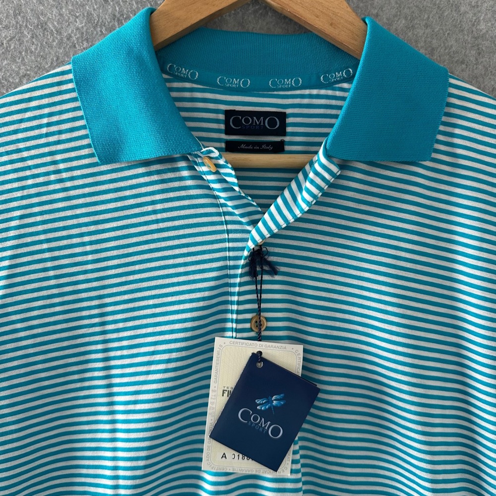 Como Sport Polo Shirt Mens Large Turquoise Striped Mercerized Italy NWT